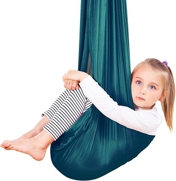 Therapy Swing Hammock Kids Cuddle Sensory Swing Indoor Therapeutic Hammock 360° Rotating Double Layer Elastic Rocking Cloth Swing Gifts for Children with ADHD SPD Asperger Autism (Green+Grey)