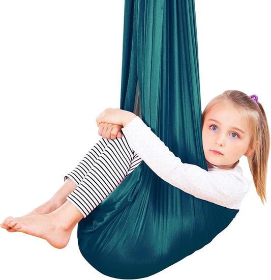 Therapy Swing Hammock Kids Cuddle Sensory Swing Indoor Therapeutic Hammock 360° Rotating Double Layer Elastic Rocking Cloth Swing Gifts for Children with ADHD SPD Asperger Autism (Green+Grey)