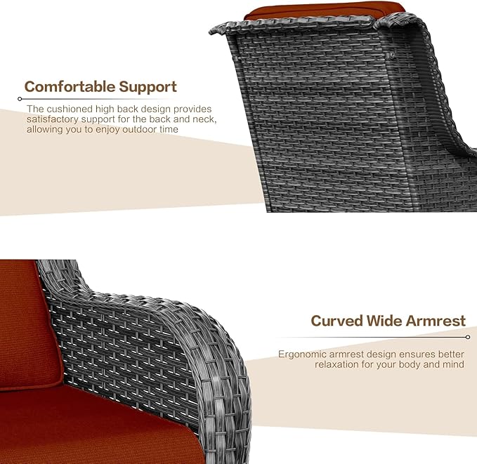 5 Pieces Outdoor Patio Furniture Conversation Set PE Rattan Wicker with a 3-Seater Sofa, 2 Armchairs, 2 Outdoor Ottomans for Yard Garden Backyard Porch Poolside GNR (Grey/Orange)