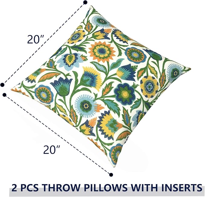 Outdoor Pillows with Insert 20x20 Inch, Waterproof Throw Pillow for Patio Furniture, Decorative Back Cushion for Garden Home Sofa Office Chair, Set of 2, Fiesta Floral