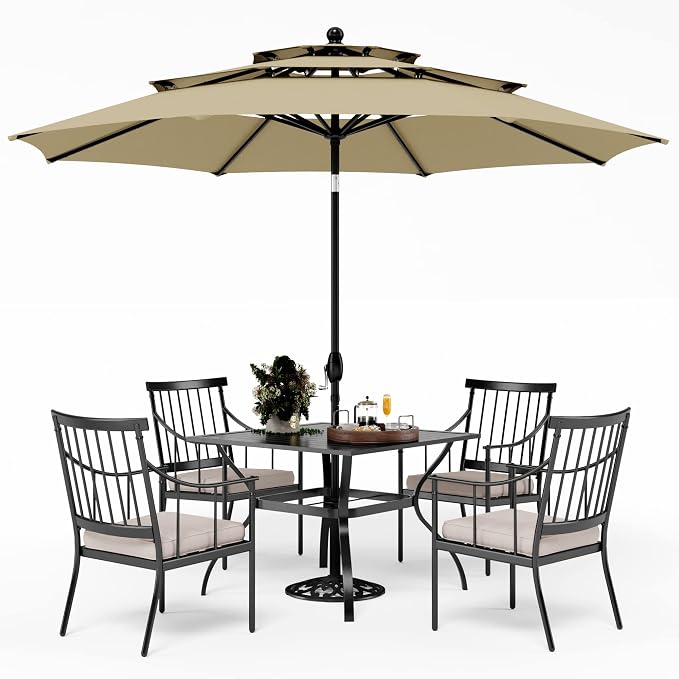 PHI VILLA 5-Piece Patio Dining Set, 37" Square Metal Table, Fixed Chairs | Cushions Chairs, 10ft Umbrella Included, Beige, All-Weather Use