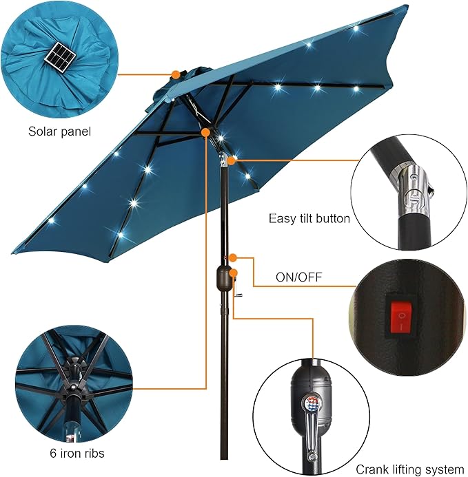 Blissun 7.5 ft Solar Umbrella, 18 LED Lighted Patio Umbrella, Table Market Umbrella