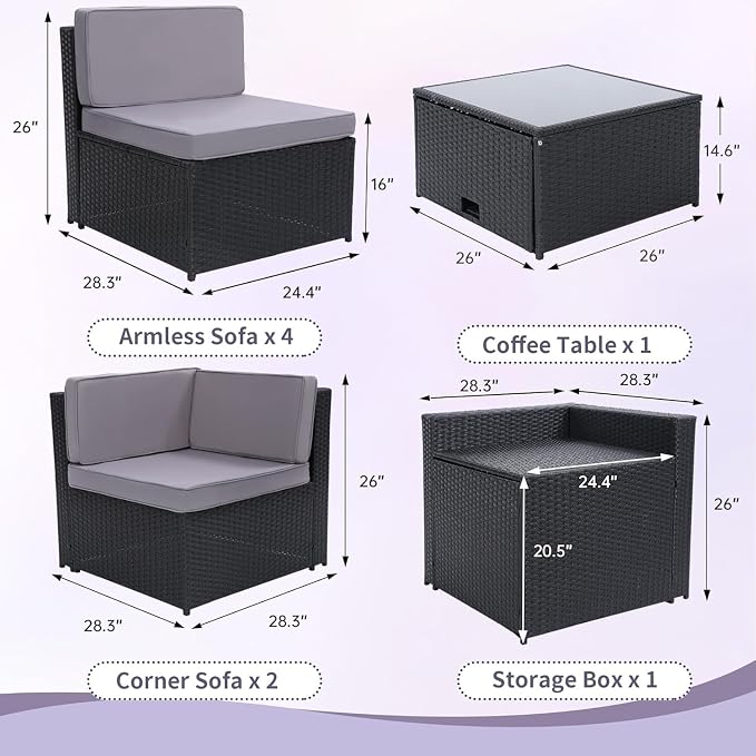 8-Piece Outdoor Wicker Patio Furniture Set with Glass Top Table Featuring Hidden Storage for Backyard, Garden, Deck, or Porch(Gray2)