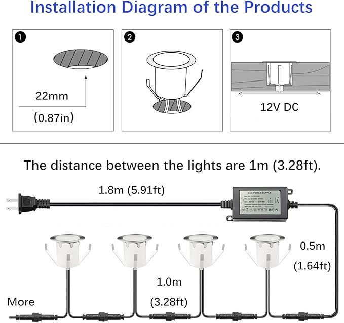 LED Outdoor Deck Lights Kits, Φ1.18in Warm White 20 Pack Silver, Low Voltage 12 Volt DC IP67 Waterproof, Electric Wired Recessed Outside Stair Step Riser Landscape Lighting for Exterior Yard