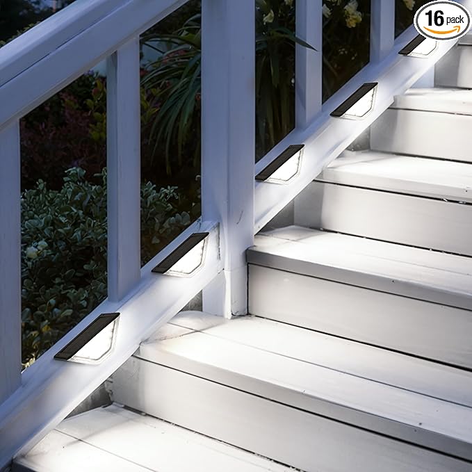 SOLPEX 16 Pack Four-Sided Illumination Solar Step Lights for Outside, Solar Stair Lights Outdoor, Solar Railing Lights Outdoor Waterproof with 33 LEDs for Steps, Stair, Deck, Porch (Cold White)