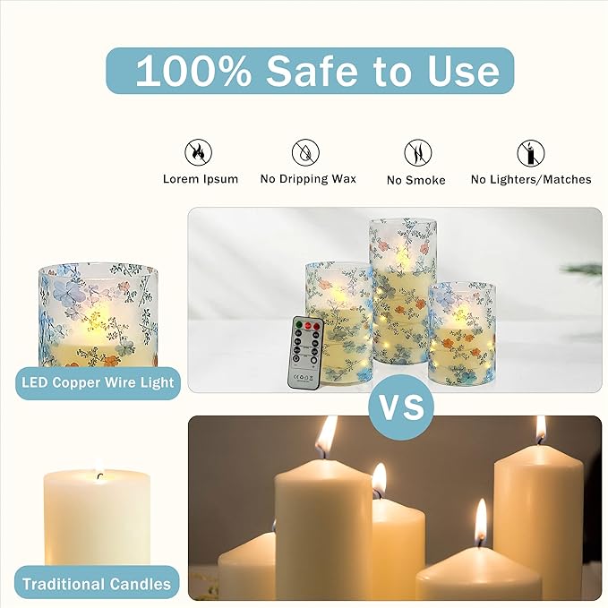 Printed Flameless Candles with String Lights - Set of 3 Battery Operated Candle Flickering Floral LED Pillar Candles with Timer Remote for Home Decor Romantic Ambiance,LT