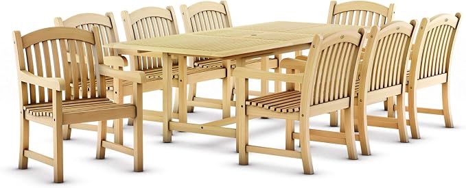 Amazonia Newcastle 9-Piece Outdoor Rectangular Dining Table Set | Certified Teak | Ideal for Patio and Indoors, Light Brown