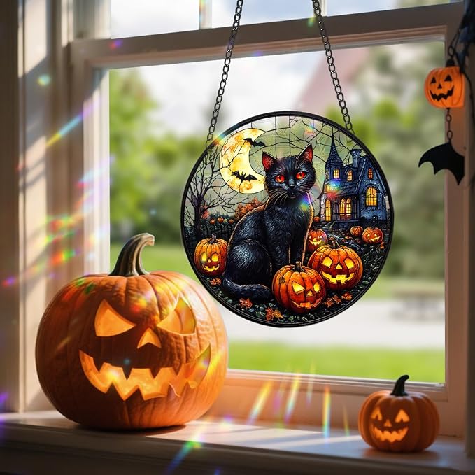 Acrylic Halloween Sun Catcher - 7.87 Inch Black Cat Round Suncatcher for Window Hanging Decoration - Creates Indoor Rainbows Light Refraction - Spooky Ghost, Witch, Pumpkin Design
