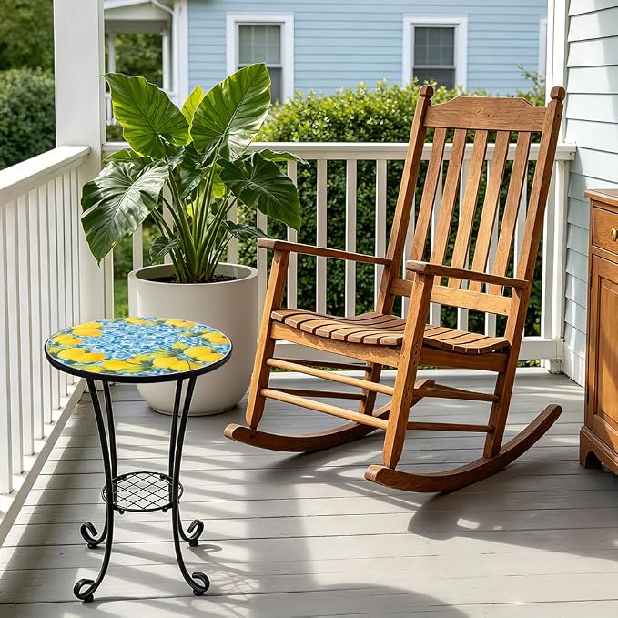 14 Inch Mosaic Patio Side Table with Scroll Legs, Indoor Outdoor Accent Round End Table with Ceramic Tile Tops for Yard, Garden, Living Room, Bistro, B - Lemon & Blue Tile