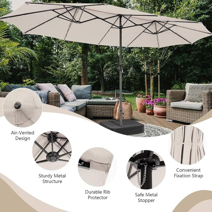 15ft Large Patio Umbrella with 3 Solar panels, 48 Solar LED Lights Base NOT Included, Outdoor Double-Sided Rectangle Market Umbrella with Crank Handle, Perfect for Pool, Lawn, and Garden (Pole Diameter 1.9 inch)