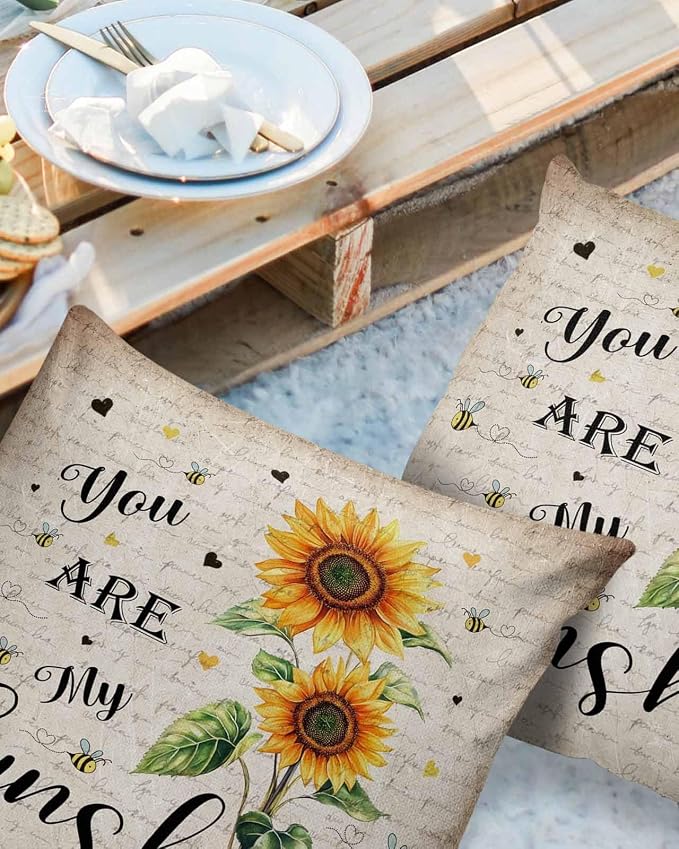 Sunflower Outdoor Waterproof Throw Pillow Covers 26"x26" Set of 2, Sunflower Bee Old Newspaper Background Decorative Garden Pillowcase with Zipper Retro Farmhouse Cushion Case for Patio Couch Tent