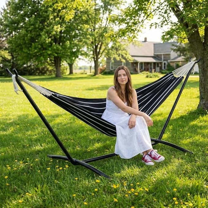 GAOMON Double Hammock with Stand, 450 lb Capacity, Adjustable Portable Hammock Chair with Sturdy Steel Frame, Thick Rope and Carrying Bag Suitable for Backyard, Camping or Outdoor
