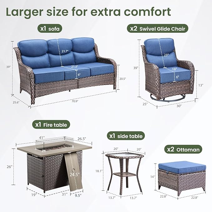 Luxury Patio Furniture Set with 6-inch Thick Cushion, Outdoor Furniture with Fire Pit Table, Swivel Chairs, Sofa, Side Table, Ottomans, 7pcs Wicker Conversation Set for Deck Yard and Poolside(Blue)