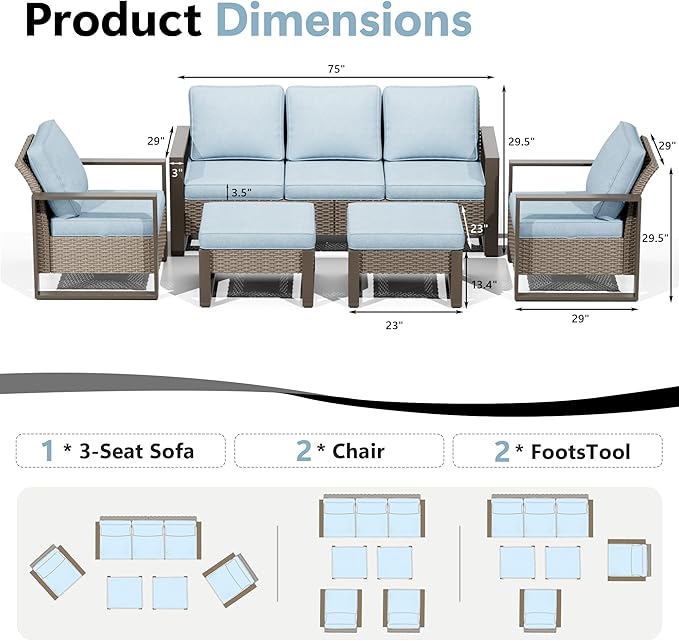 Outdoor Patio Furniture Set, 5 Piece Wicker Patio Conversation with Deep Seating, Thicken Cushions, Outdoor Club Chair, Metal Outdoor Furniture for Deck, Porch, Yard Use (Azure, 5 PCS/Chairs)