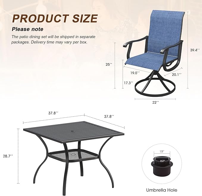 VICLLAX Patio 5 Pieces Outdoor Dining Set for 4, 38" Square Metal Dining Table with Umbrella Hole and 4 Swivel Textilene Chairs for Lawn,Garden,Porch,Black/Dark Blue