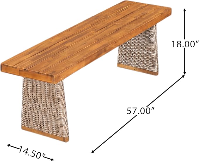 Merax 3-Piece Outdoor Dining Set Acacia Wood, 1 Table + 2 Benches, Slatted Design Tabletop & Woven Rattan Legs, Weather-Resistant Rectangle Patio Dining Set, Brown