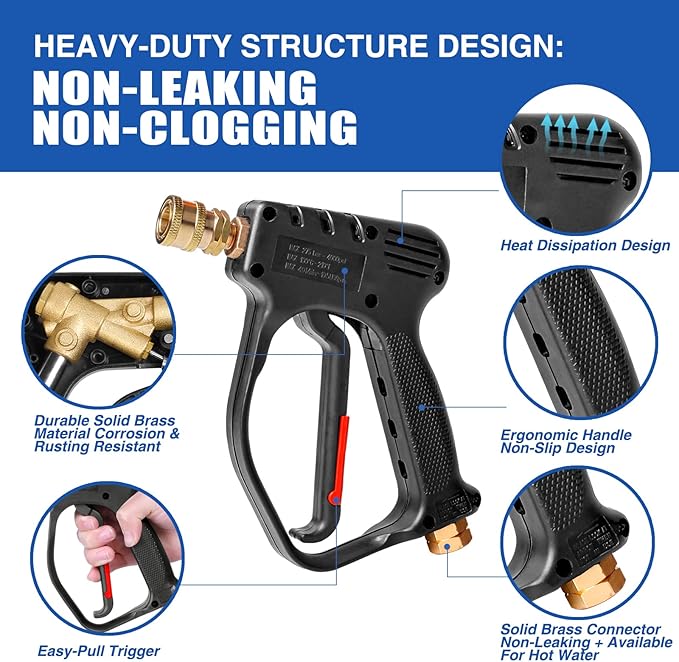 MEKOH Short Pressure Washer Gun, 4000 PSI High Power Washer Spray Gun, 10.5 GPM Foam Gun with 3/8'' Quick Connect, Stubby Pressure Washer Trigger Handle with M22-14mm Adapter for Extension Wand & Hose