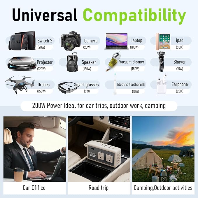 200W Car Power Inverter DC 12V to 110V AC, 30W USB-C & 20W USB-A Fast Charging, 2 AC Outlets for Laptop, Phone, Tablet, Game Console - Compatible with 12V Cigarette Lighter Socket