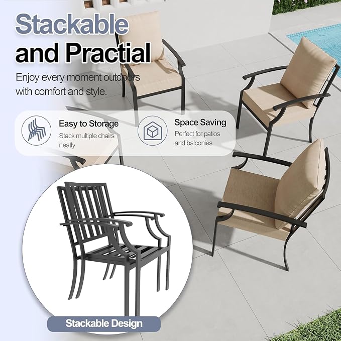 7 Piece Outdoor Dining Set for 6, Metal Patio Table and Chairs with Cushions, Patio Furniture Set with 2 Swivel Chairs, Rectangular Metal Dining Table with Umbrella Hole, Lawn Deck Yard-Sand