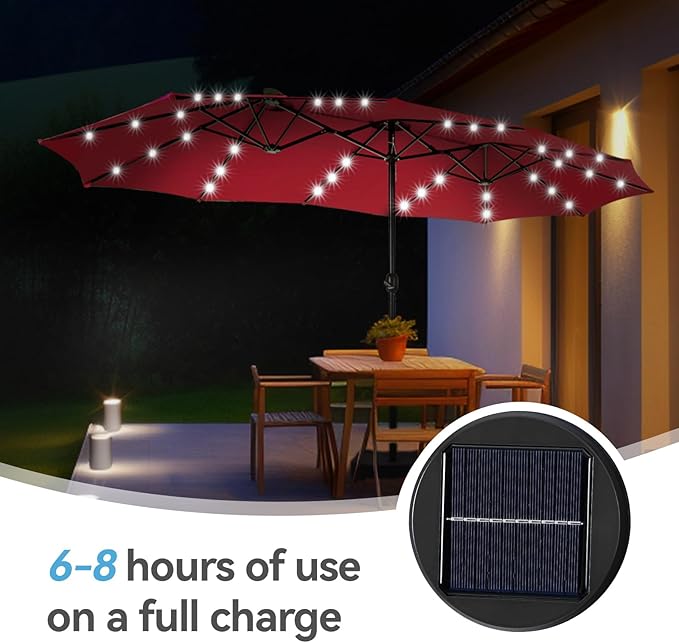 GREEN PARTY 15 ft Large Outdoor Patio Umbrella with Solar Led Lights & Base Included, Double-Sided Rectangular Table Umbrella with Stand, Market Umbrellas for Deck Poolside Garden Backyard, Red