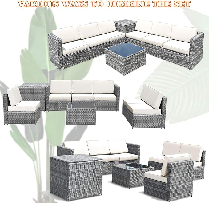 Tangkula 8 PCS Outdoor Patio Furniture Set, Rattan Wicker Sofa Set, Sectional Sofa Couch Conversation Set w/Storage Table and 12 Zippered Cushions for Garden Backyard Poolside (White)