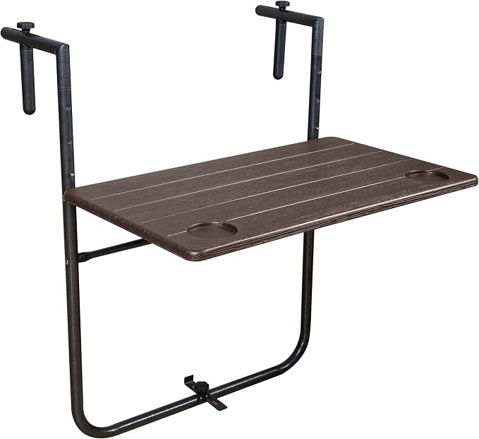 Folding Balcony Table Hanging Outdoor Foldable 3-Way Height Adjustable Wooden Look Weatherproof Table Open Size 60 x 36 cm Brown Color Outdoor Indoor spacesaving Room