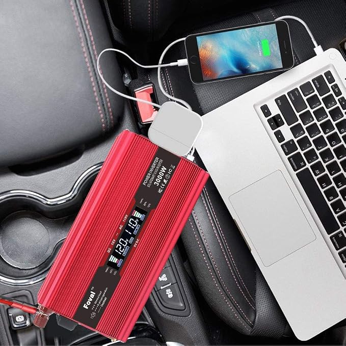 Yinleader Power Inverter 2000W DC 12V to 110V AC Car Converter with Intelligent LCD Display Dual AC Outlets Dual USB Charging Port for for RV Truck Laptop(Red)