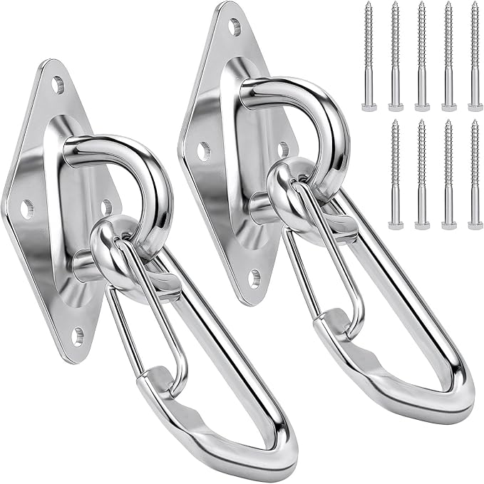 TooTaci 2Pack Hammock Hooks Hanging kit, Heavy Duty M10 Stainless Steel Pad Eye with Closed Snap Hooks, 1700 lbs Capacity Hammock Hanging Kit for Porch Swing Hanging, Wall Ceiling Mount Hanger