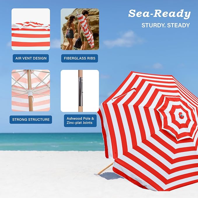 AMMSUN 7.5ft Heavy Duty HIGH Wind Beach Umbrella Commercial Grade Patio Beach Umbrella with Air Vent Ash Wood Pole & Carry Bag UPF50+ Protection Red White