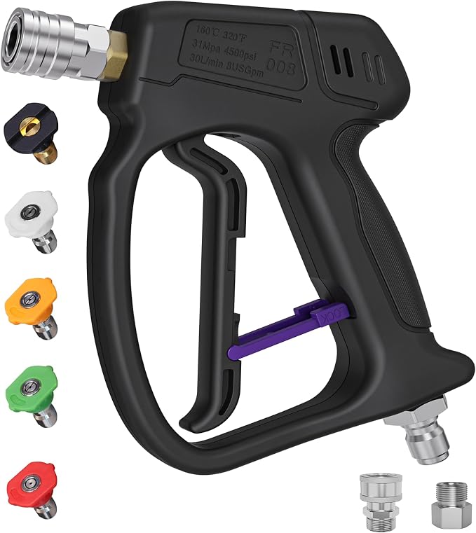 KONOSUBA Short Pressure Washer Gun 4500PSI with 360° Swivel,2 Adapter,5 Pressure Washer Nozzles,1/4" Quick Connector,3/8'' Quick Connect, M22-14/15 mm Fitting (Gun 4500PSI)