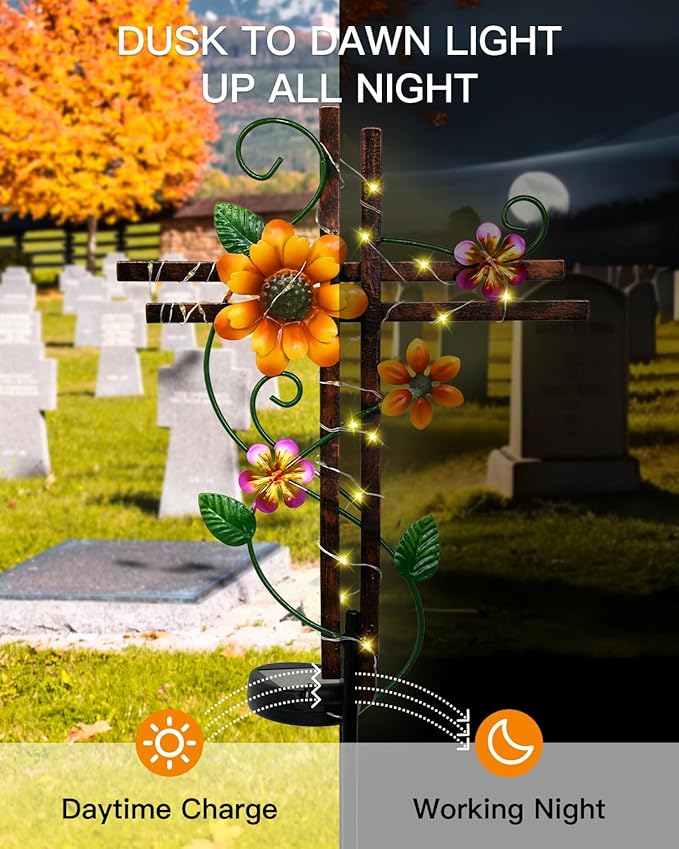 Putuo Decor Cross Outdoor Solar Garden Lights Decorative Metal Cross Garden Stake Light with LED Lights Waterproof for Yard Garden Pathway Remembrance Gifts, L087SN-0004383
