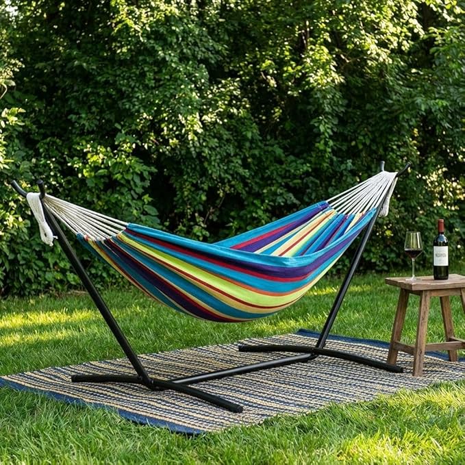 GAOMON Double Hammock with Stand, 450 lb Capacity, Adjustable Portable Hammock Chair with Sturdy Steel Frame, Thick Rope and Carrying Bag Suitable for Backyard, Camping or Outdoor