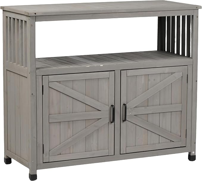Outdoor Storage Cabinet, Patio Cabinet, Solid Wood Outdoor Console Table, Grey Slatted Buffet Cabinet Sideboard for Patio, Deck, Backyard, 220 Lb Capacity