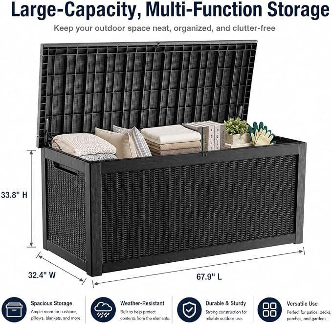 Outdoor Deck Patio Storage Box - 325 Gallon Extra Large Resin Wicker Yard Storage Bin with Lid for Furniture Cushions, Pool Floats, Garden Tools & Outside Toy Storage, Black