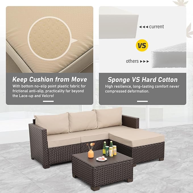 Patio Furniture Set 3 Piece Outdoor Sectional Sofa Set with Wicker Couch, Ottoman, Patio Table with Storage All-Weather Non-Slip Cushions and Waterproof Covers, Khaki