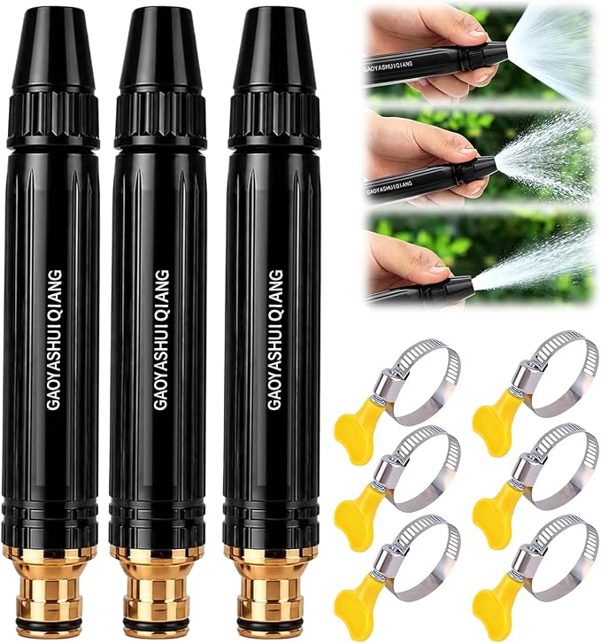 Home High-Pressure Car Wash Water Gun with Booster Nozzle and Fixation, Generic High Pressure Water Gun, Adjustable Spray Settings, for Watering Vegetables, and Car Washing (3pcs) (Nipple Type)