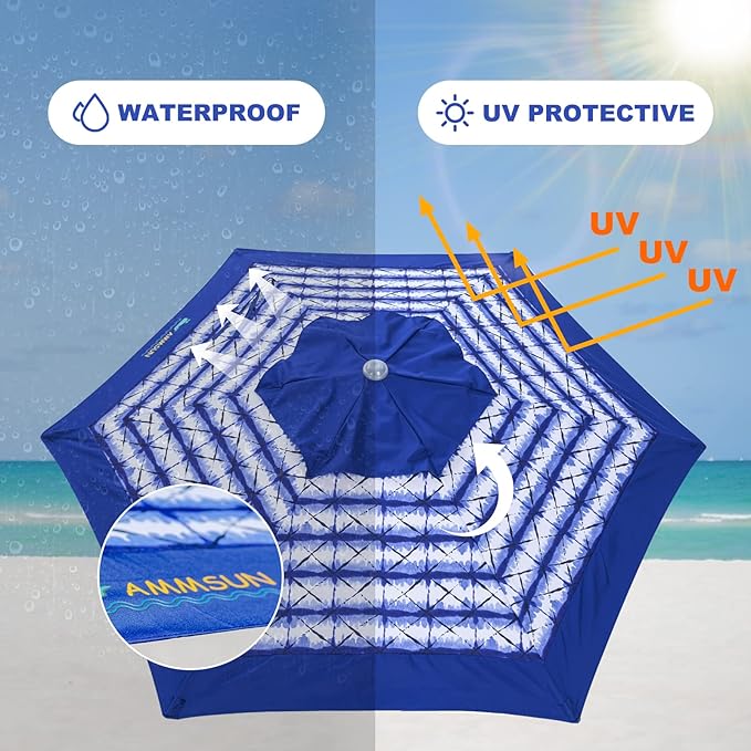 AMMSUN 8ft Large Beach Umbrellas for Sand Heavy Huty Wind Portable Commercial Grade Patio Beach Umbrella with Sand Anchor Adjustable Height Air Vent UPF 50+ Telescoping Pole without tilt Blue White