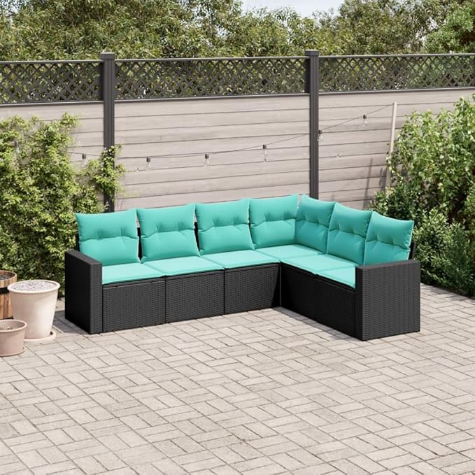 6 Piece Patio Sofa Set with Cushions, Porch Furniture Set Outdoor Sofa Sets Patio Conversation Set Garden Lounge Set for Negotiation Area Piazza Exhibition Garden Black Poly Rattan