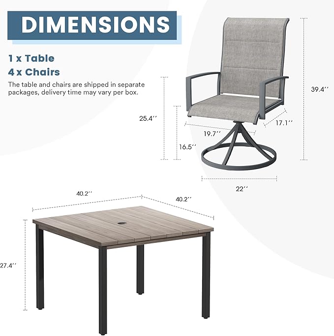 DIFY 5 Piece Outdoor Patio Dining Set for 4, 40.2" Grey Wood-Like Square Metal Dining Table and Swivel Patio Chairs with Grey Padded Textilene, All-Weather Outdoor Furniture Set for Garden Backyard