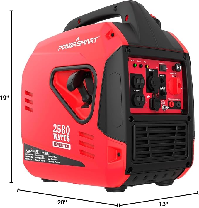 PowerSmart 2580W Portable Inverter Generator, Super Quiet Gas Powered Engine, 79cc 4-Stroke OHV, 120V AC & 12V DC Output, EPA Compliant for Outdoor Camping, Tailgating and Home Backup