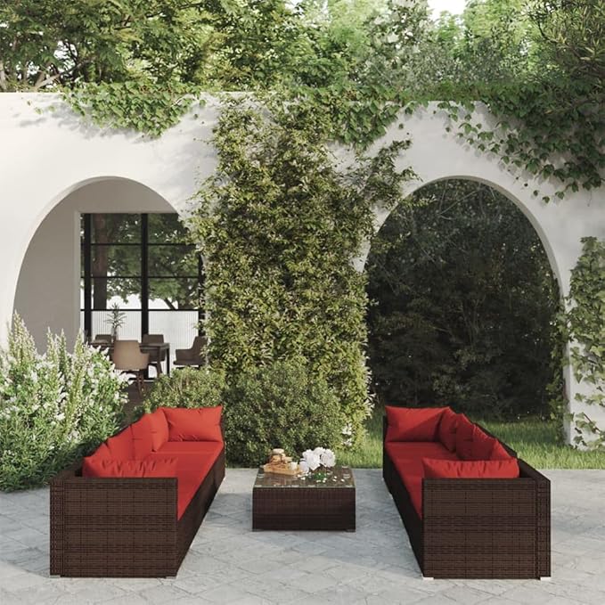 9 Piece Patio Lounge Set with Cushion, Furniture Conversation Sets Piece Patio Set Patio Lounge Set Outdoor Patio Sectional s Poly Rattan Brown