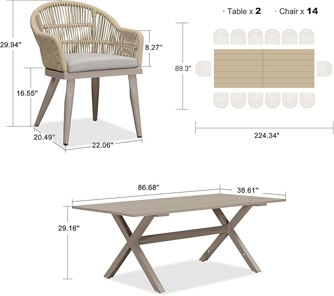 PURPLE LEAF 16 Pieces Patio Dining Set with Aluminium Outdoor Dining Table and Wicker Chairs Modern Furniture Cushions Sets for Backyard Decor Indoor Kitchen Champagne