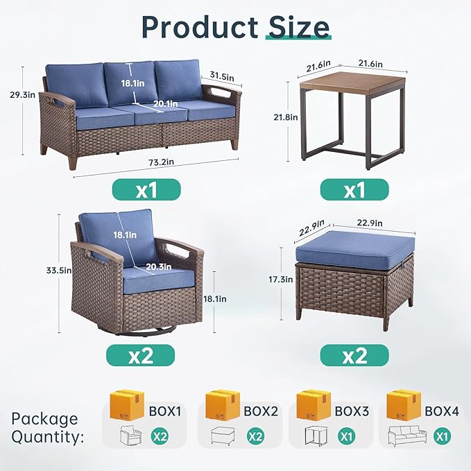 Luxury 6 Piece Heavy Duty Patio Furniture Set with Swivel Chairs - All Weather Wicker Comfort Thick Cushion Outdoor Conversation Set with 3 Seat Sofa & Ottoman for Porch Poolside Deck - Blue