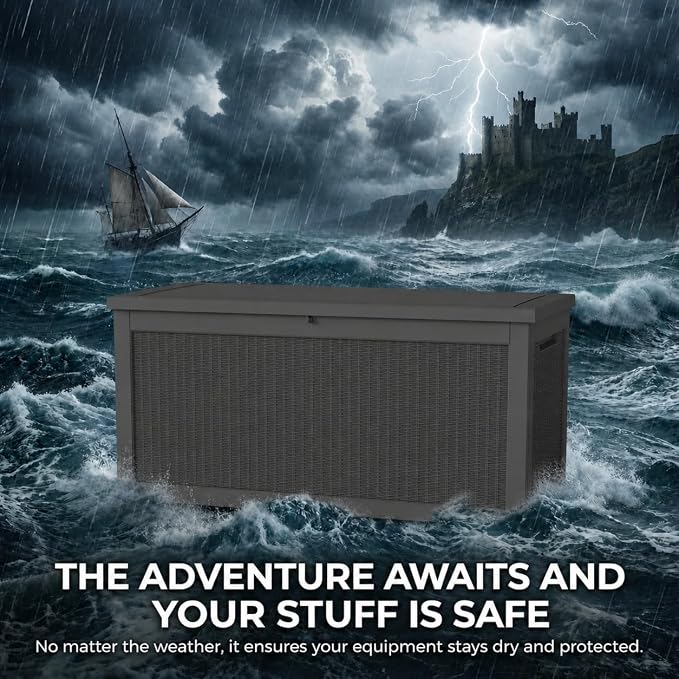 LAUSAINT HOME 100 Gallon Outdoor Deck Box, Waterproof Resin Storage Box with Lock, Patio Cushion Storage, Garden Tool Organizer, Pool Storage Container, Outdoor Storage Bench, Black