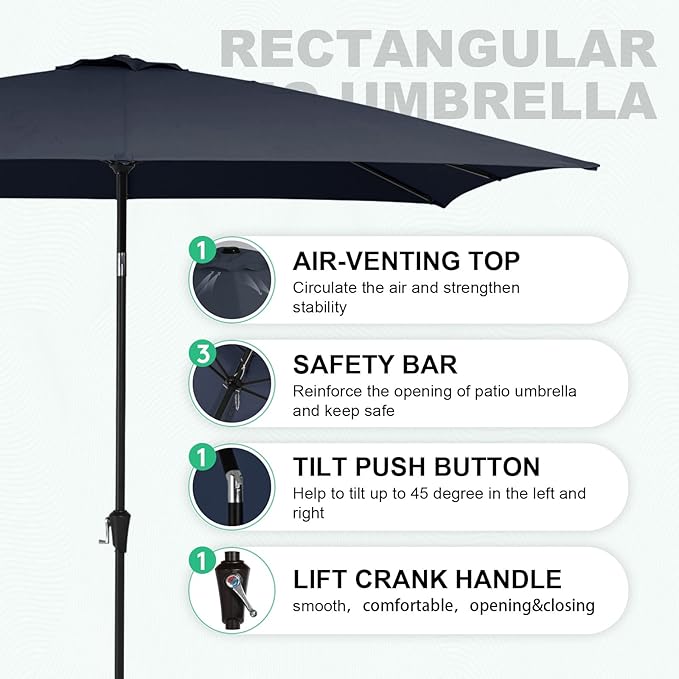 JEAREY 6.5'x10' Rectangular Patio Umbrellas Outdoor Large Market Umbrella With Push Button Tilt and Crank Lift System 6 Sturdy Ribs Sun Protection Water-proof Sunproof, Navy