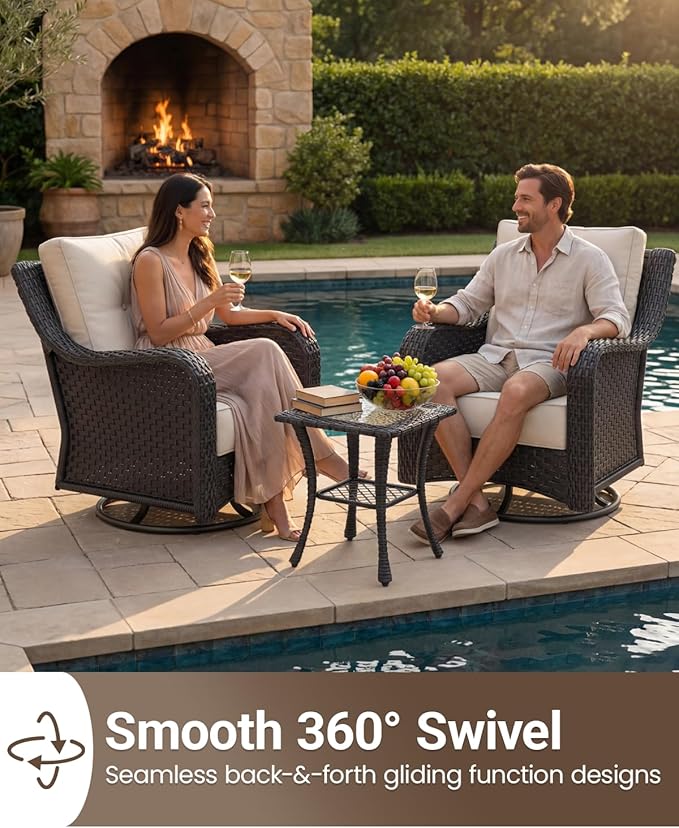 9 Pieces Outdoor Furniture Set with 6-inch Cushions, High Back Wicker Swivel Rocker Chairs with Coffee Table, Luxury Conversation Set for Deck Patio and Poolside