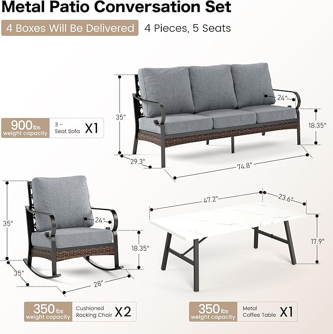 4 PCS Metal Outdoor Patio Furniture Set, Patio Conversation Sets 1 3-Seater Sofa, 2 Rocking Chairs with 5.75" Extra Thick Cushion & Coffee Table, Black Frame Backyard Furniture, Gray