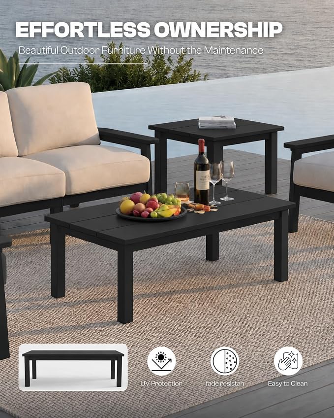 HDPE Outdoor Coffee Table, Weather-Resistant Rectangle Patio Coffee Table with Large Tabletop for Balcony, Deck, Garden, Poolside (Black)