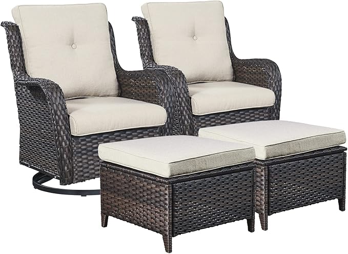 Rilyson Wicker Patio Furniture Set - 4 Piece Rattan Outdoor Patio Conversation Sets with 2 Swivel Rocking Chairs,2 Ottomans for Porch Deck Garden(Brown/Beige)