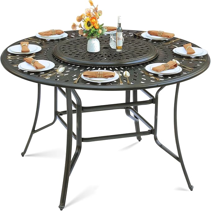 MEETWARM 61" Outdoor High Bar Dining Table for 8 Person, All Weather Cast Aluminum Large Round High Top Dining Table with 31" Lazy Susan, Patio Bar Height Table for Garden Backyard, 2" Umbrella Hole